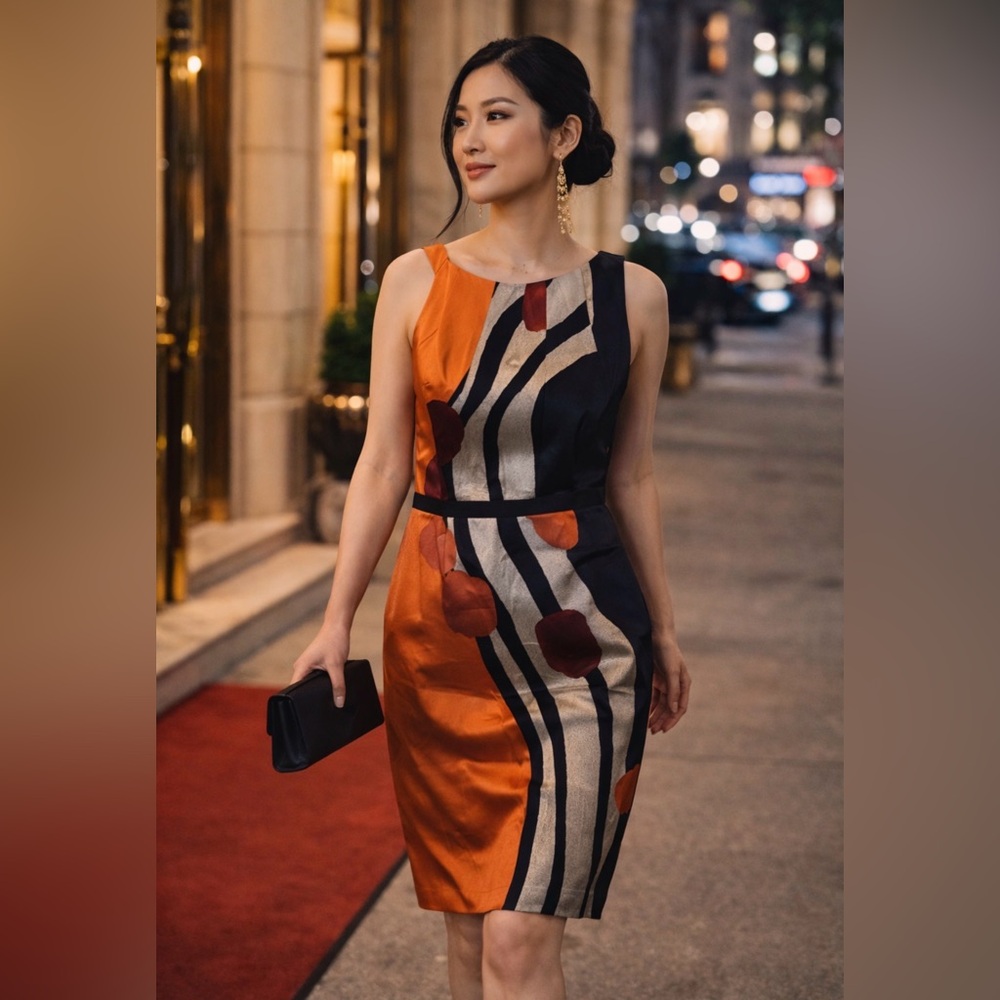 Elie Tahari Vibrant Orange and Black Midi Dress